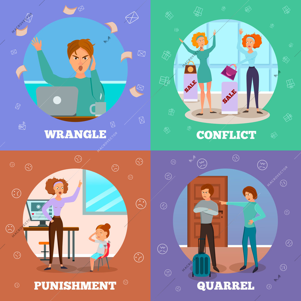 Characters expressing anger in conflict situation punishing kids quarreling wrangling 4 cartoon icons concept isolated vector illustration