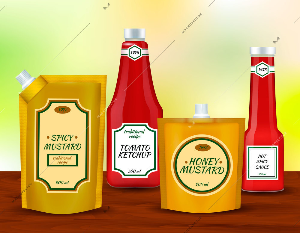 Spicy tomato and mustard sauces plastic packing pouch with spout and bottles realistic identity collection vector illustration