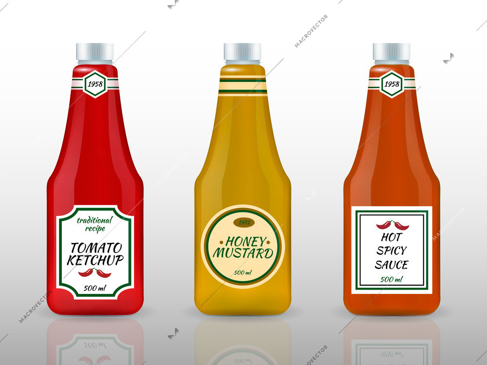 Sauce bottles realistic corporate identity advertisement set of hot spicy honey mustard and tomato reflection vector illustration