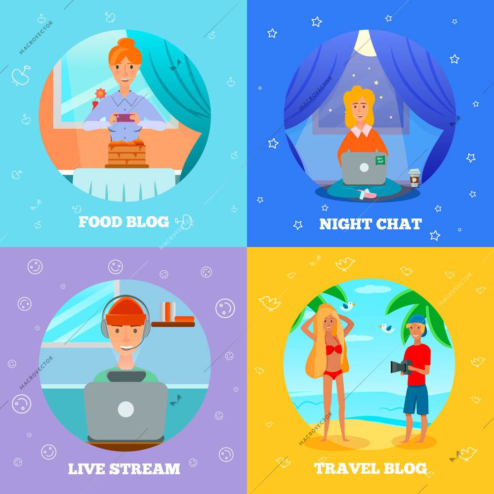 Bloggers characters popular topics 4 flat icons square concept with food cooking travel night chat vector illustration