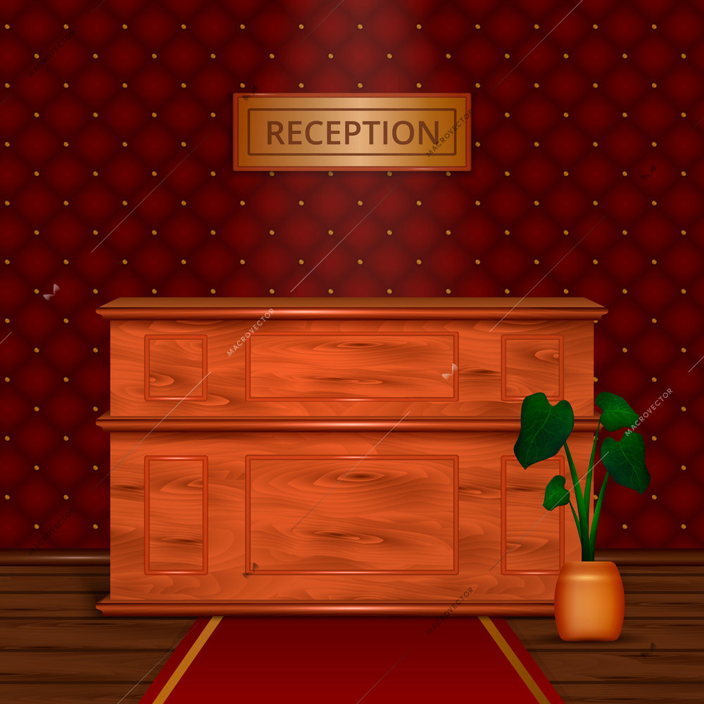 Luxury hotel reception wooden front desk in antiek style interior with dark bordeaux wallpaper realistic vector illustration