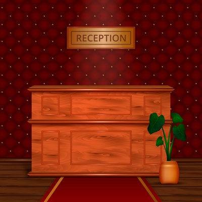 Luxury hotel reception wooden front desk in antiek style interior with dark bordeaux wallpaper realistic vector illustration