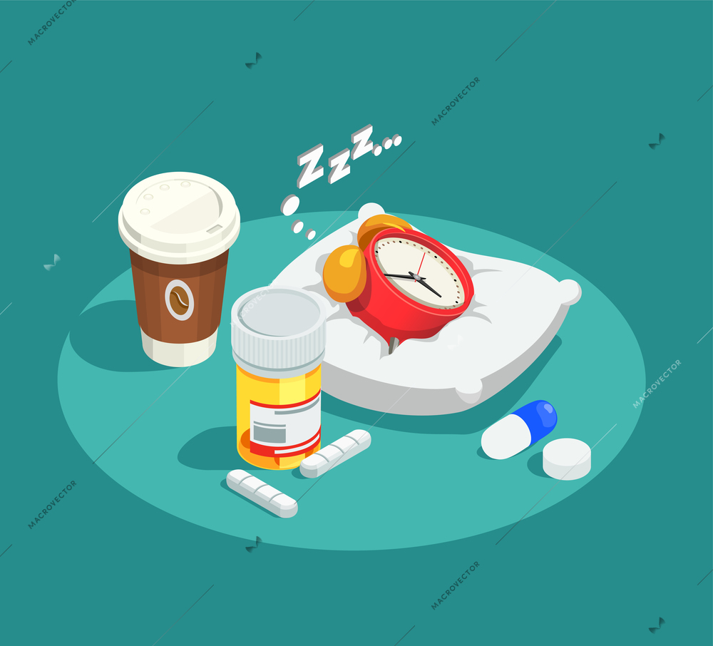 Hypnotics drugs isometric composition on turquoise background with alarm clock on white pillow, coffee, pills vector illustration