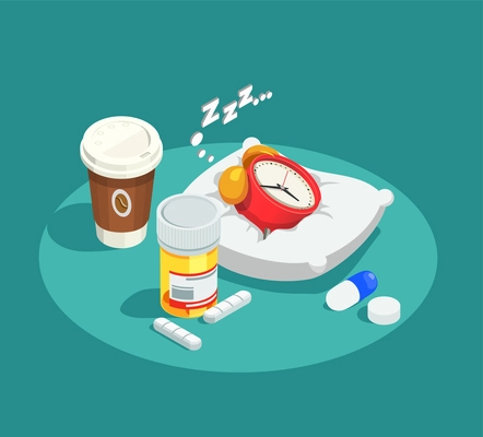 Hypnotics drugs isometric composition on turquoise background with alarm clock on white pillow, coffee, pills vector illustration