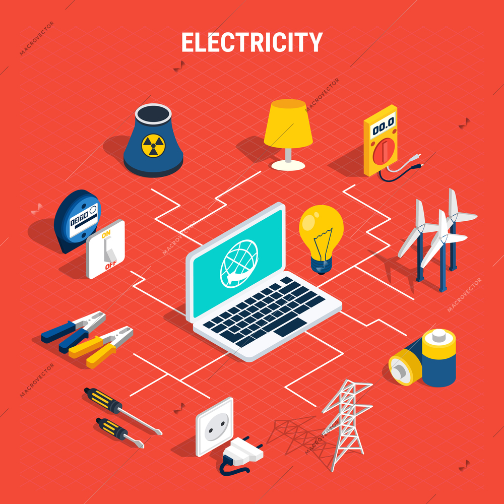 Electricity isometric composition with elements of chart and branches from laptop to elements vector illustration