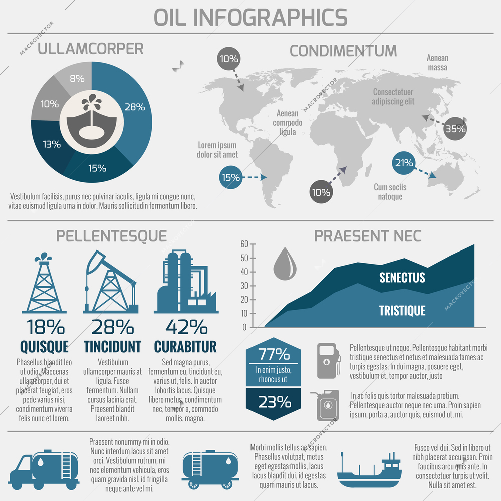 Global crude oil drilling and refining industrial process petroleum production distribution business infographic statistic presentation vector illustration