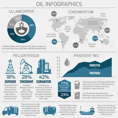 Global crude oil drilling and refining industrial process petroleum production distribution business infographic statistic presentation vector illustration