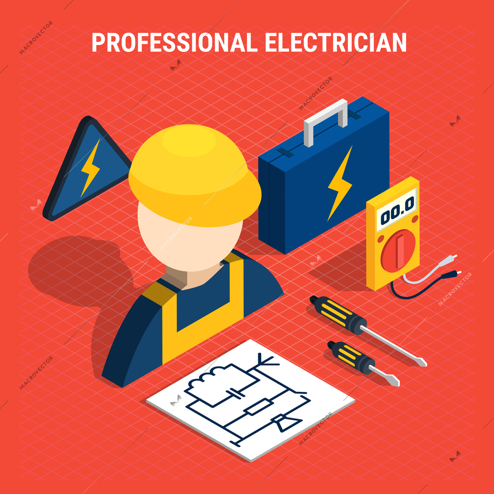 Red electricity isometric composition with professional electrician headline and isolated elements on the theme vector illustration