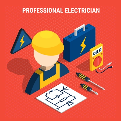 Red electricity isometric composition with professional electrician headline and isolated elements on the theme vector illustration