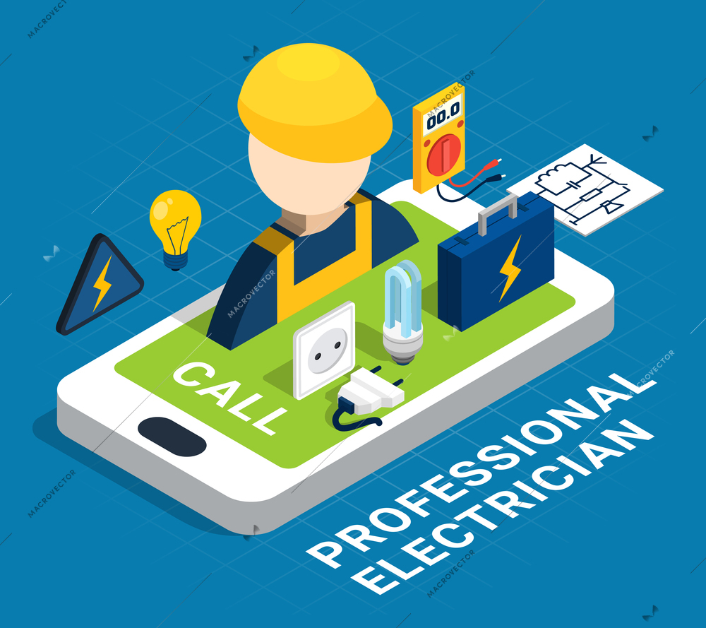 Electricity isometric colored concept with smartphone and service on request by profession electrician vector illustration