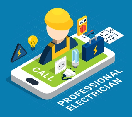 Electricity isometric colored concept with smartphone and service on request by profession electrician vector illustration