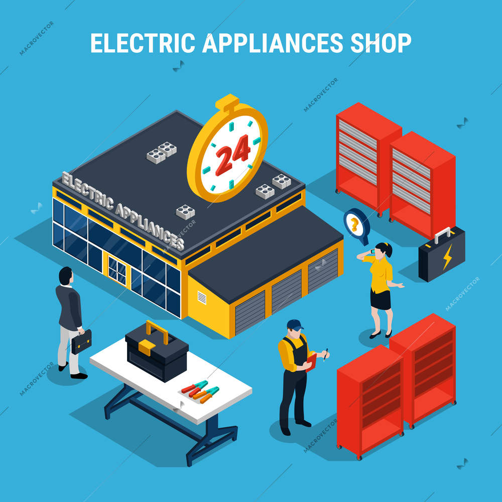 Electricity isometric 3d composition with electric appliances shop with buyers and sellers vector illustration