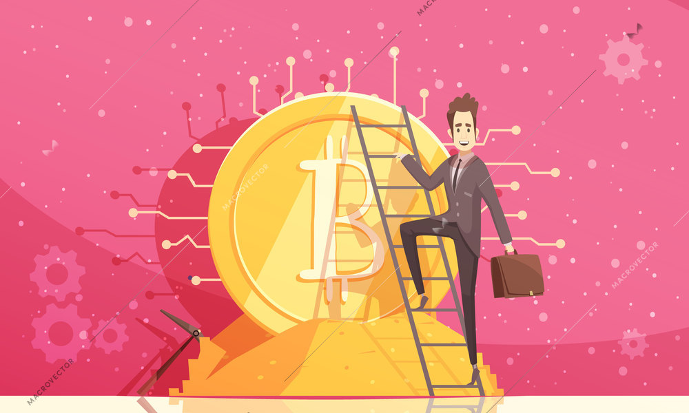 Bitcoin design composition with businessman holding briefcase and climbing up on career ladder flat vector illustration