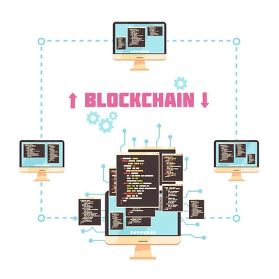 Blockchain technology design concept showing communication between system customers involved in transaction process flat vector illustration