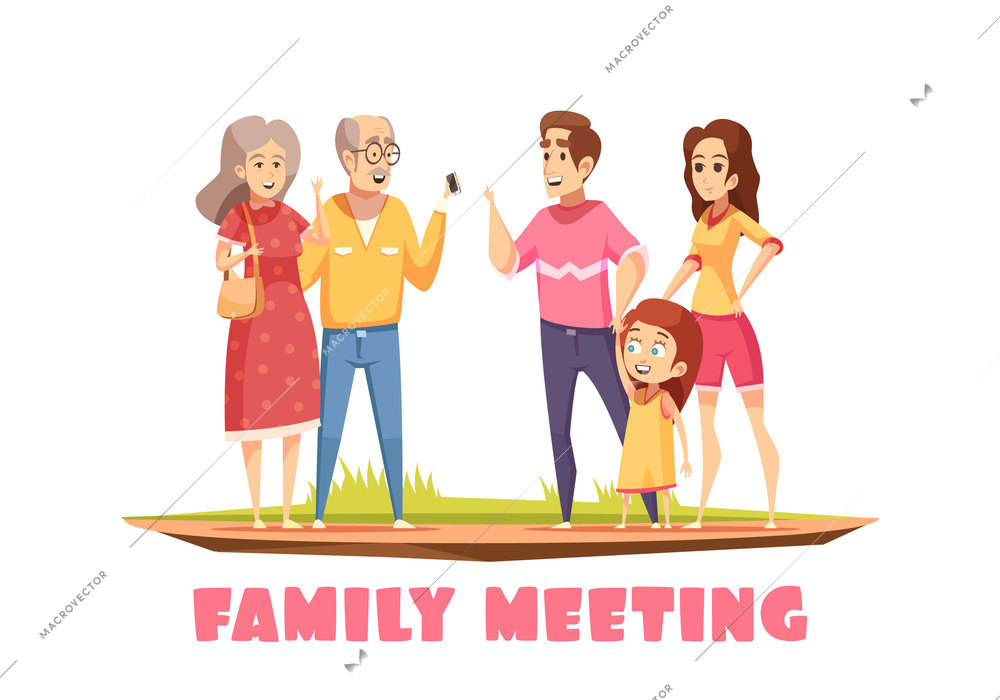 Happy family meeting design composition with grandparents young couple and little girl  cartoon vector illustration