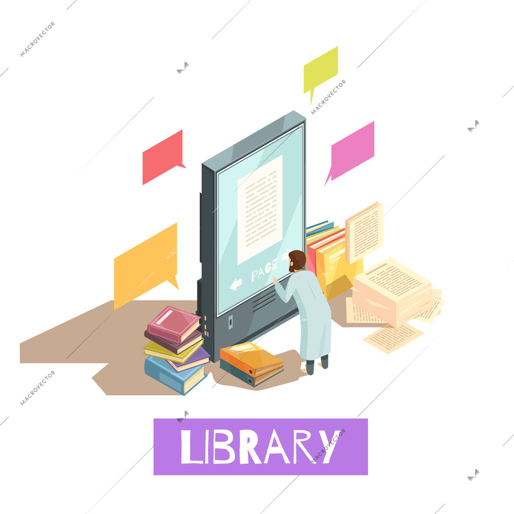 Online library isometric design concept with man reading electronic book on giant smartphone screen and stacks of paper books around vector illustration