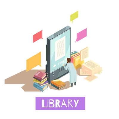 Online library isometric design concept with man reading electronic book on giant smartphone screen and stacks of paper books around vector illustration