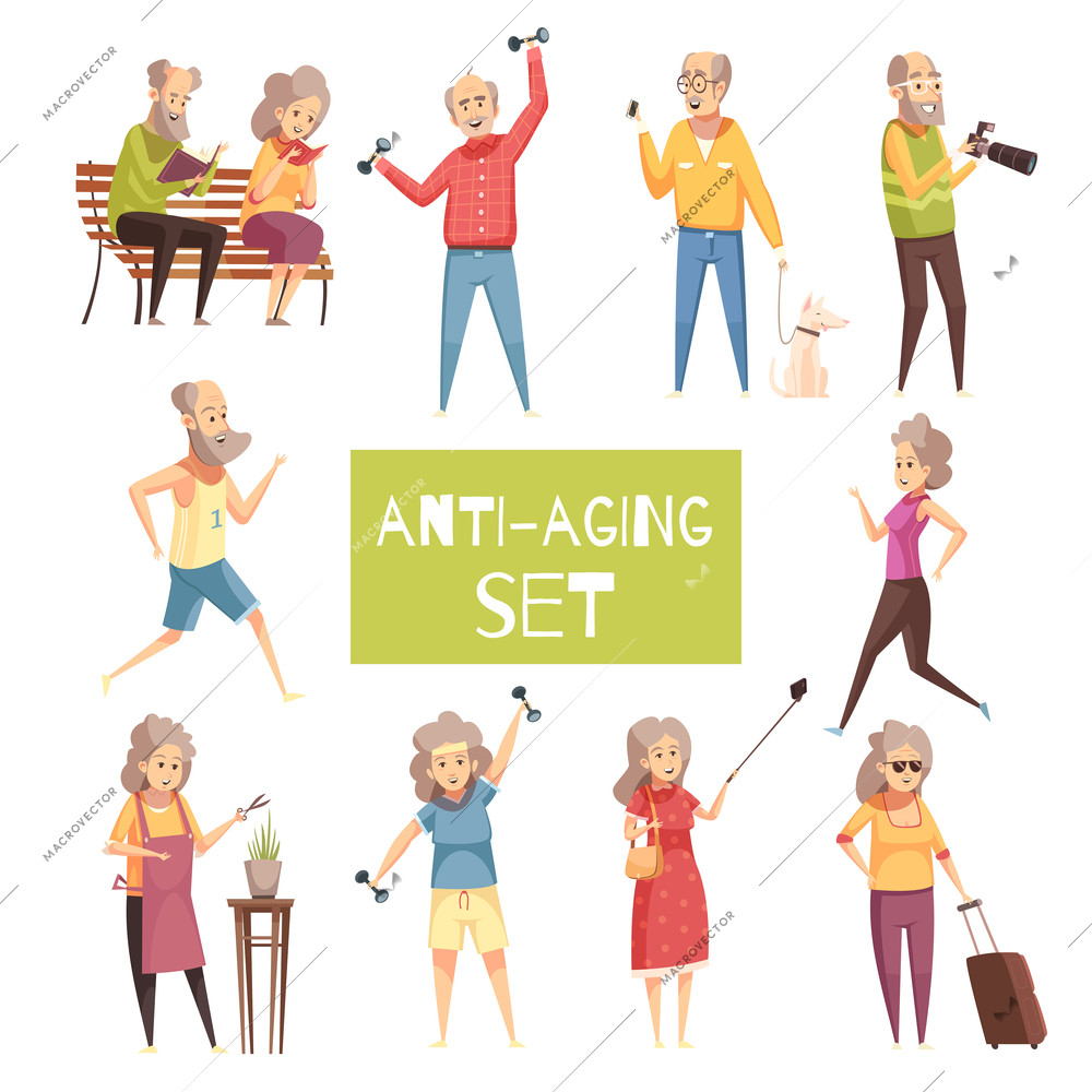 Anti aging isolated icons set with elderly people traveling walking with pet jogging reading in park flat vector illustration