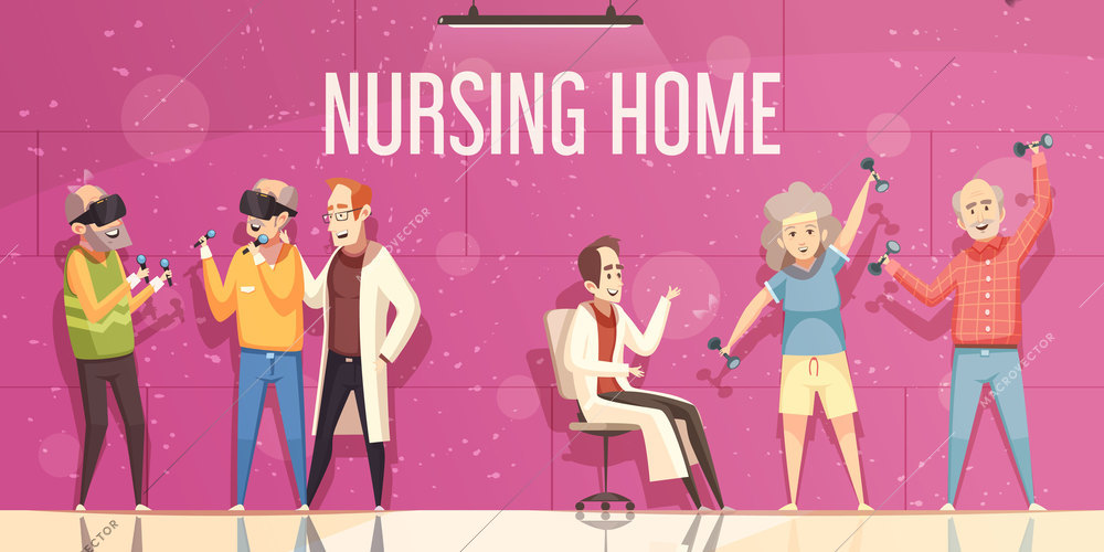 Nursing home flat vector illustration with  doctors looking for elderly people engaged in physical exercises and amusement
