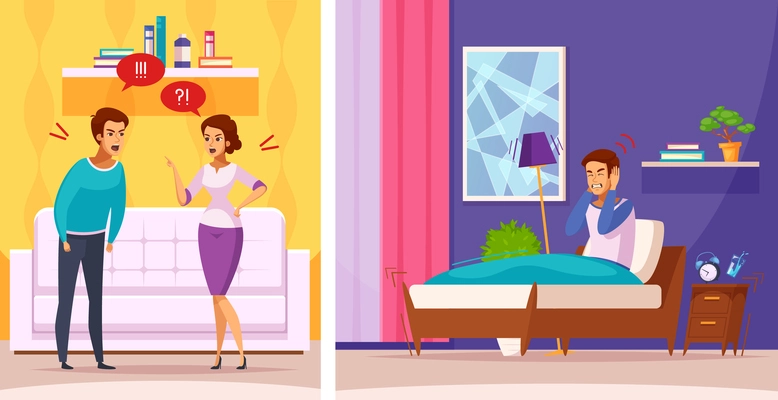 Neighbors during quarrel cartoon composition with loud family conflict and unhappy sleepless man in bed vector illustration