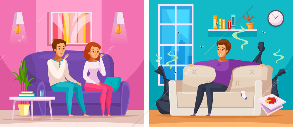 Smelly apartment cartoon composition with man in untidy room with trash, upset neighbors vector illustration