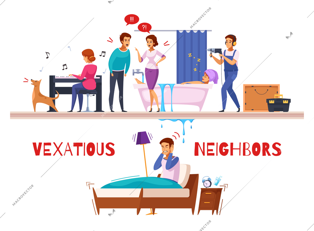 Neighbors relations cartoon composition with piano and drill sounds, family conflict, flooding, unhappy sleepless man vector illustration