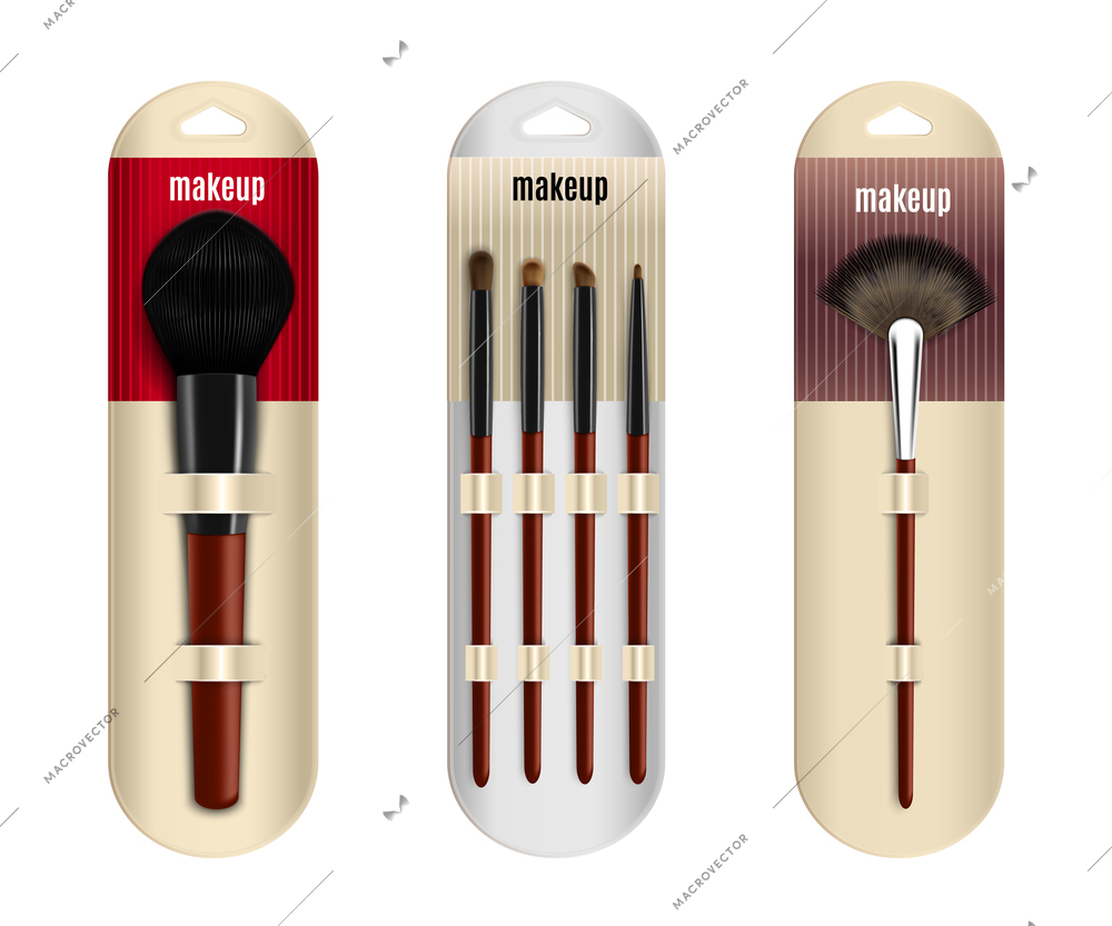 Makeup brushes package realistic collection of three isolated images with applicator brushes in showcase packages with text vector illustration