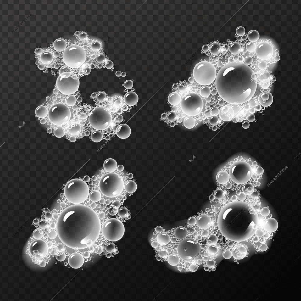Soap foam realistic bubbles collection of four isolated images with heavy seed on transparent background vector illustration