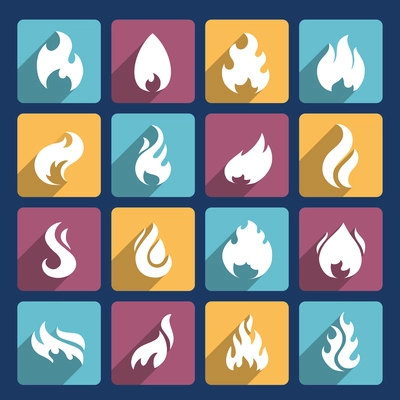Fire flame burn flare torch hell fiery square long shadow icons set isolated vector illustration