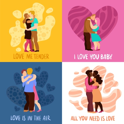 Love hugs design concept with phrases, men with women during embraces and kisses isolated vector illustration