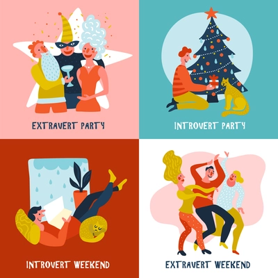 Hand drawn design concept with extrovert and introvert during festive party and weekend isolated vector illustration