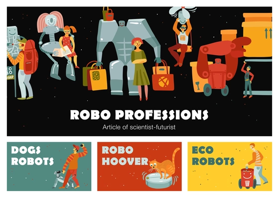 Robots set of horizontal banners with automatic devices dog, navigator, loader, nanny, hoover isolated vector illustration