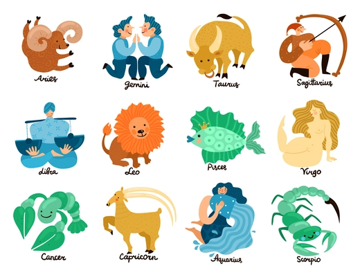 Set of hand drawn zodiac signs including leo, taurus, pisces, libra, gemini and virgo isolated vector illustration