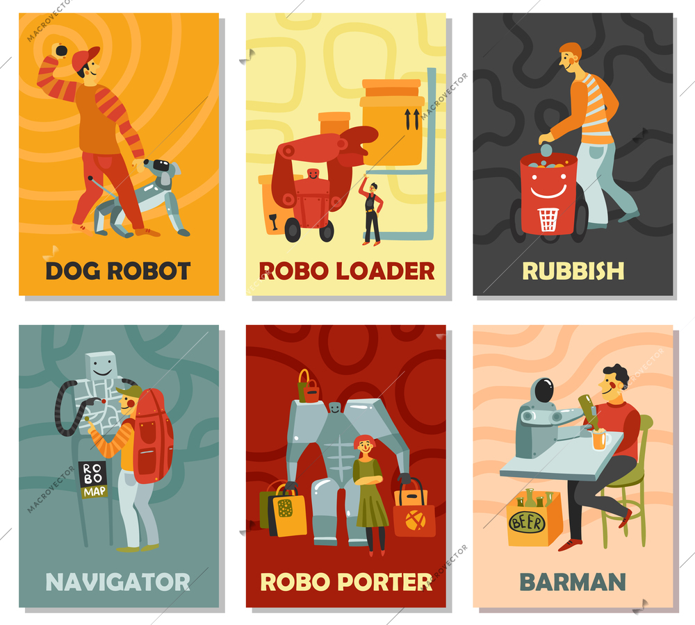 Robots with duties dog, trash can, navigator, barman, porter, vertical cards on color background isolated vector illustration