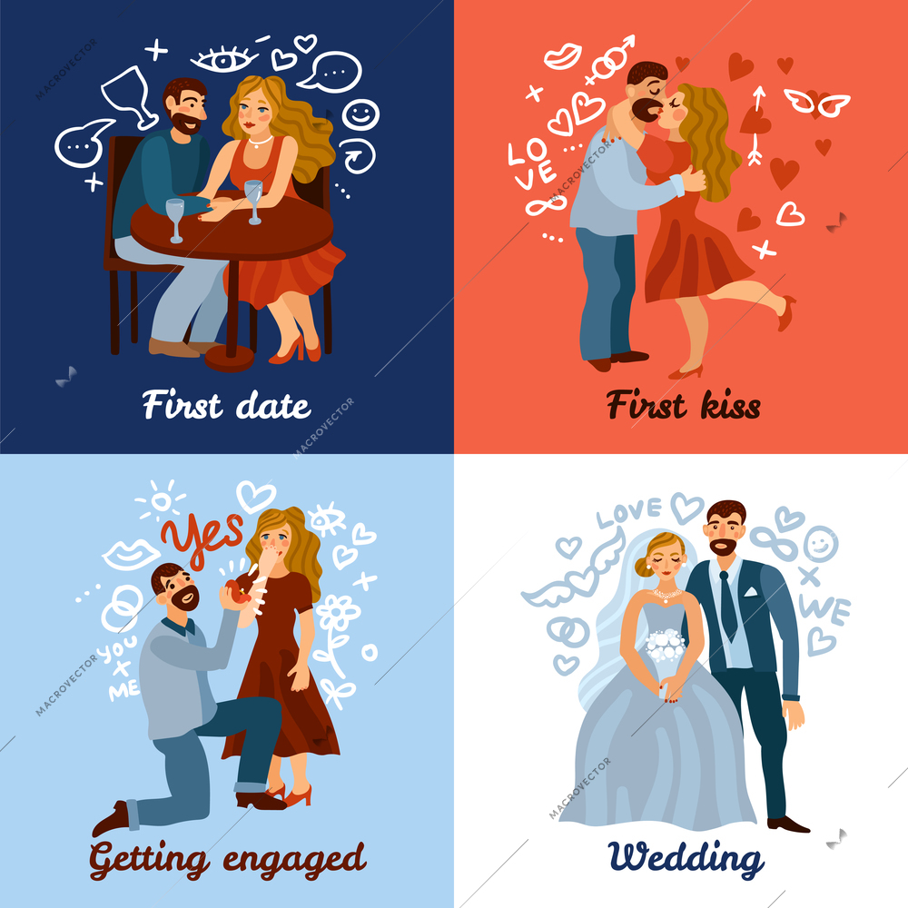 Developing love relations design concept with romantic date, first kiss, engagement and wedding isolated vector illustration