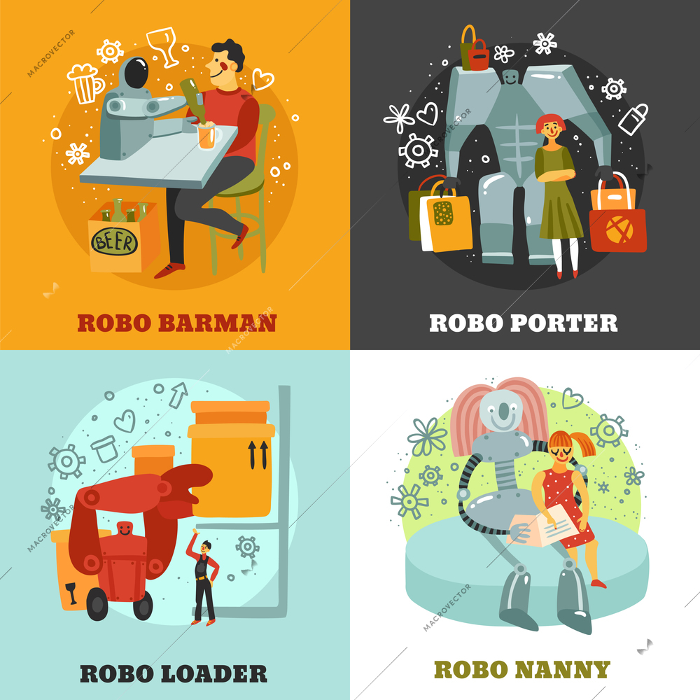 Robots with duties of barman, porter, loader and nanny, hand drawn design concept isolated vector illustration