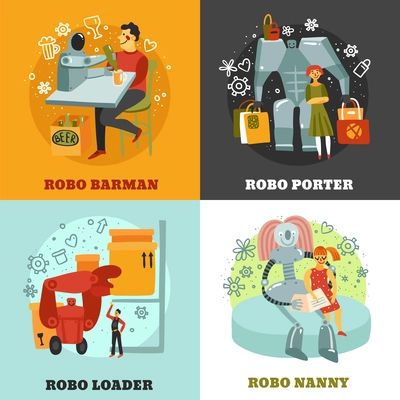 Robots with duties of barman, porter, loader and nanny, hand drawn design concept isolated vector illustration