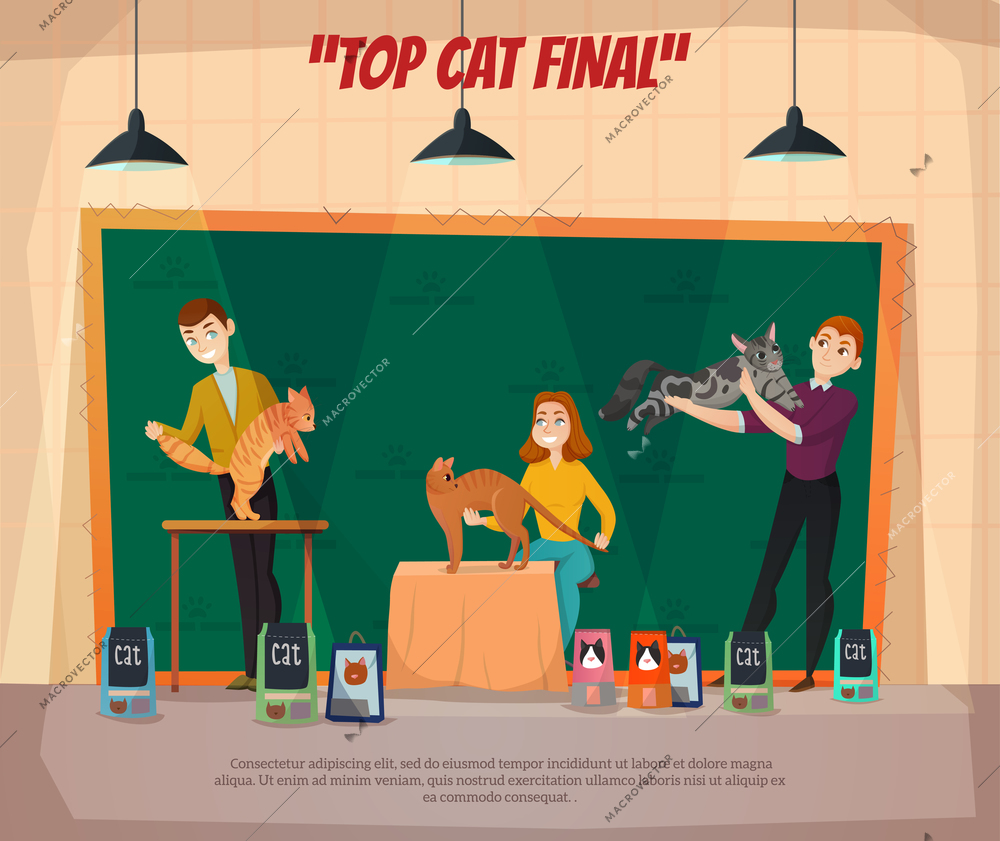 Cat show final retro cartoon poster with 3 top competitors and their happy owners onstage vector illustration