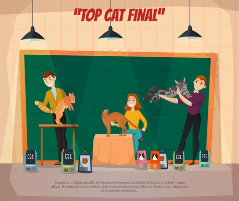 Cat show final retro cartoon poster with 3 top competitors and their happy owners onstage vector illustration