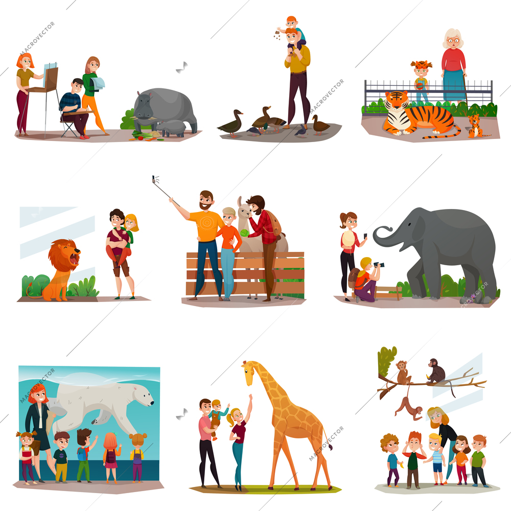 Zoo icons set with visitors making selfie feeding ducks watching tigers talking to giraffe isolated vector illustrations