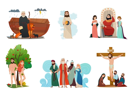 Bible narratives stylized compositions set with noah ark forbidden fruit moses story and crucifixion isolated vector illustration