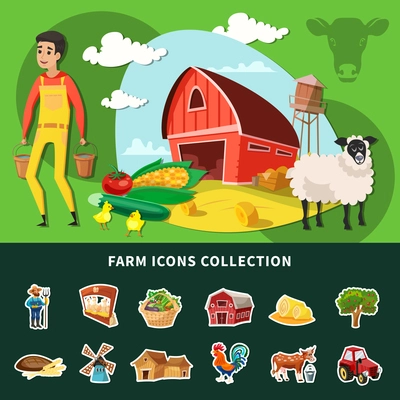 Colored cartoon farm composition with isolated farm icon set or collection combined together vector illustration