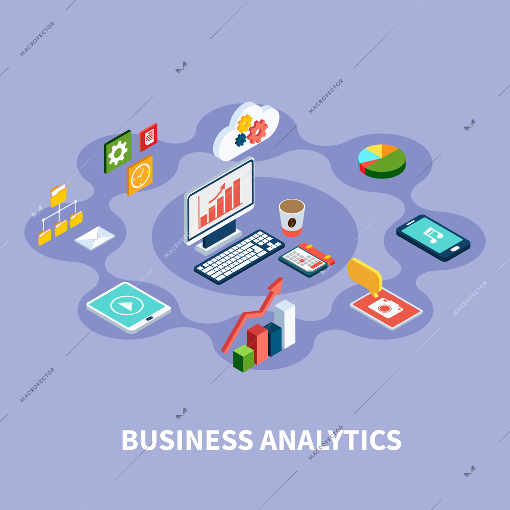 Data isometric round composition with financial pictograms gadgets gear and cloud computing icons and desktop computer image vector illustration