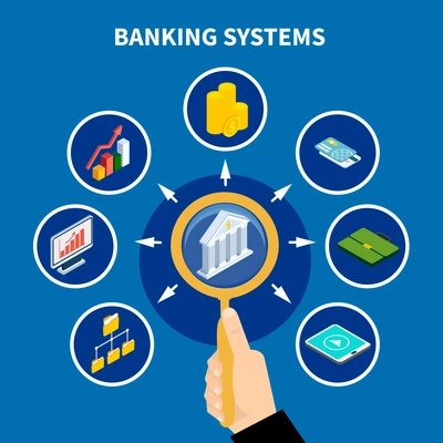 Data isometric conceptual background with text and human hand with magnifying lens and financial banking icons vector illustration