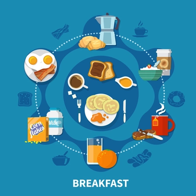 Variants of dishes and drinks for tasty breakfast colorful concept on blue background flat vector illustration