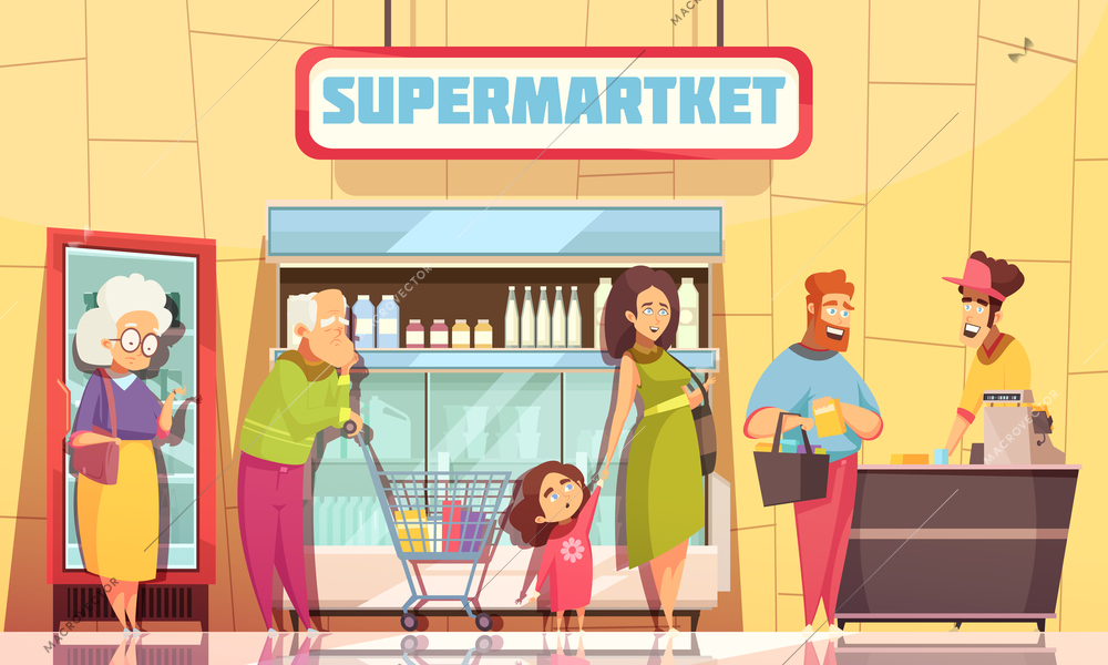 Supermarket shoppers queue characters poster with young family and old people waiting at cashier desk vector illustration