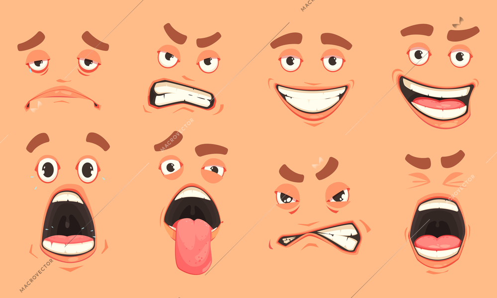 Men cute mouth eyes facial expressions gestures of surprise fear disgust sadness pleasure cartoon set vector illustration