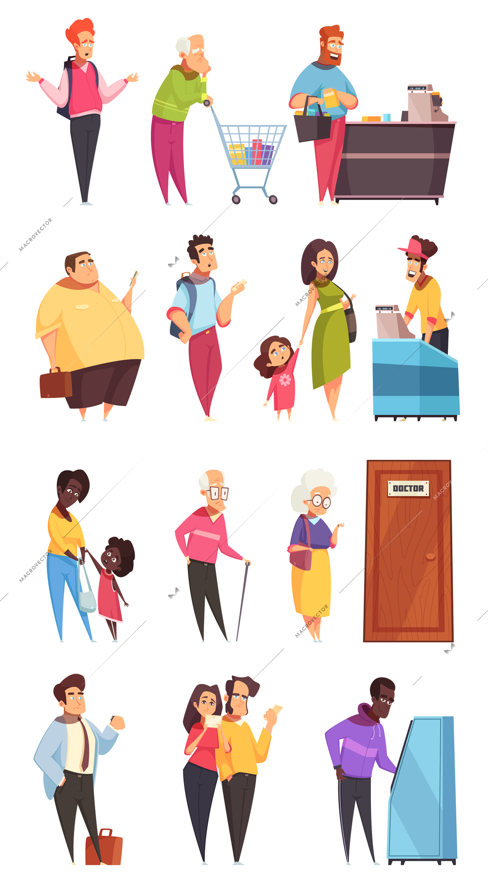 People characters in queues in bank supermarket at doctors office door 4 isolated lines vector illustration