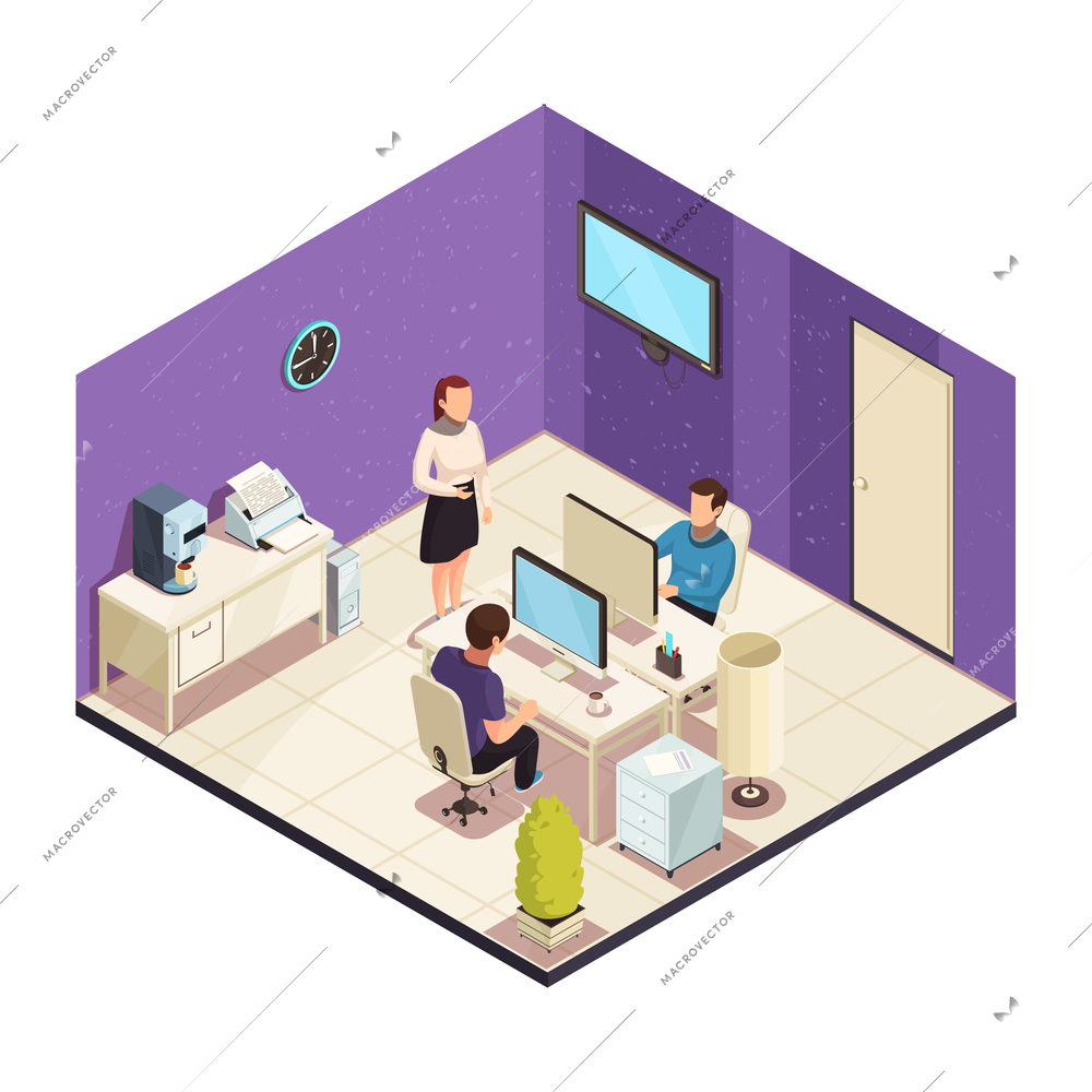 Office staff workplace isomeric composition with woman colleague talking to coworkers men  working at computer vector illustration