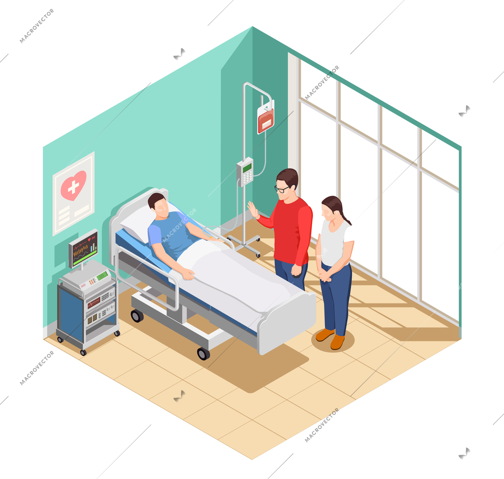 Visit friends to patient lying in hospital ward isometric composition with medical equipment, interior elements vector illustration